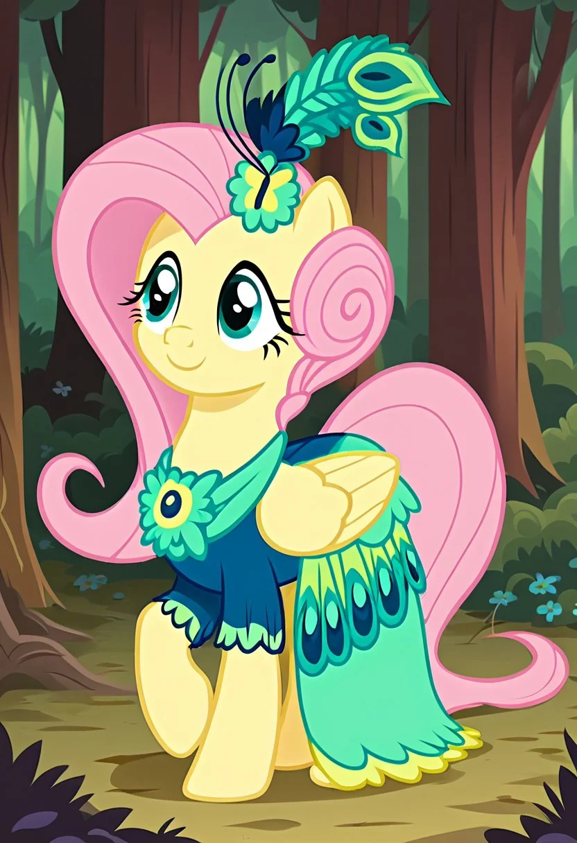 score_9, score_8_up, score_7_up, score_6_up, score_5_up, score_4_up, my little pony, ((feral pony)), 1girl, ((solo)), (sexy),beautifully detailed, (detailed cute pony face), ((detailed forest background:1.5)), ((woman)), high angle, (cute smile:1.0), ((up-close)) 1girl, ((solo)), (sexy), full body, walking in the forest <lora:Fluttershy_second_Gala:1>Fluttershy, a beautiful dress resembling peacock feathers in green and turquoise tones, a head decoration with feathers and an additional flower