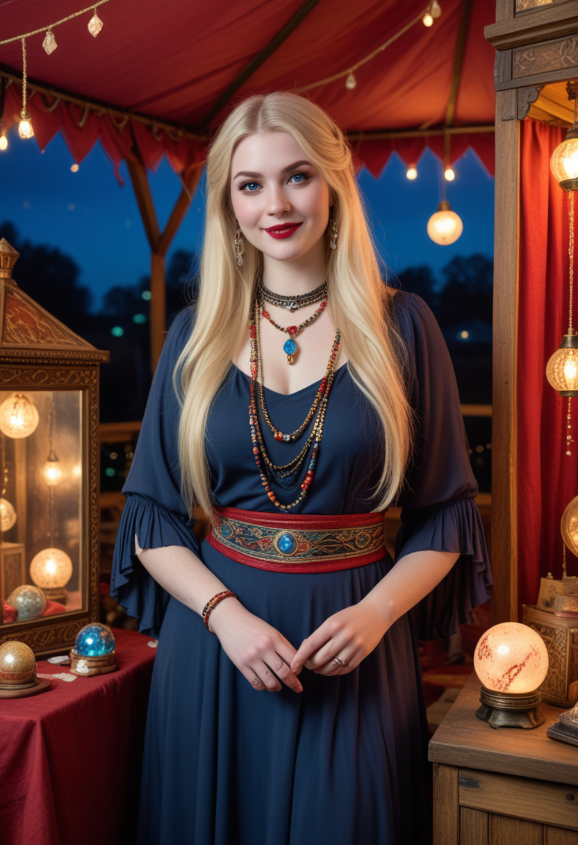 (medium full shot) of (ethereal fortune teller) young woman, french, pale skin, light Blue eyes, full-figured build, long blonde side-swept hair, wearing a fringed scarf , midnight blue bell-sleeve top, layered skirt, loafers with decorative details, red lipstick, crystal ball, bangles,  set in  a bustling fair, with colorful tents, vibrant lights, a lively atmosphere, a mystical fortune tellerâs booth, at night, woman smiling, Masterpiece,best quality, photo, realistic, very aesthetic, detailed face,