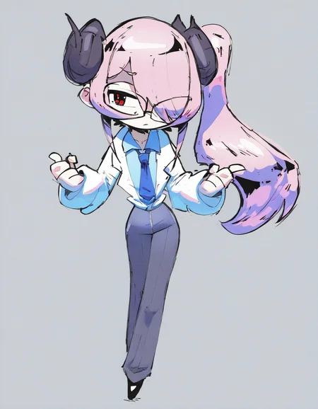 StyleBirdBlitz,(masterpiece, best quality, very awa),
1boy, solo, otoko-no-ko, [twink], petite, pink hair, side ponytail, long hair, sidelocks, red eyes, hair over one eye, glasses, asymmetrical hair, flat chest, collared shirt, white jacket, light blue shirt, blue tie, (black goat horns), sheep horns, :/, arched back, w arms, thin waist, backward_facing_horns,
full body, grey background, (white frame)