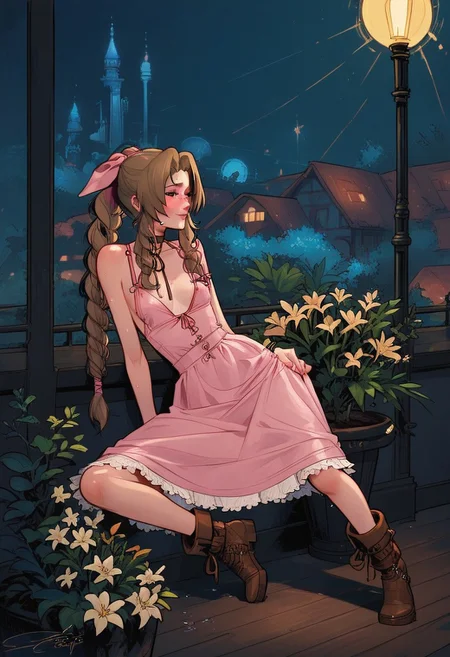 score_9, score_8_up, score_7_up, masterpiece, high quality, ultra detailed, absurdres, Expressiveh, negative_hand, g0thicPXL, Toherrys, neon BREAK bedroom, potted flowers, light coming in window, wood walls, (((close view, closeup))), (aerith Gainsborough, small teardrop breasts, 1girl, solo, green eyes, brown hair, brown boots, short boots, bow, choker, long pink dress, brown hair, braided ponytail, long hair, green eyes, hair ribbon, skinny, petite), sexy, hot, sweat, embarrassed, smile, blushing, tense, eye contact, fantasy, arched back, round ass, night, at night, nighttime