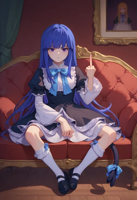 score_9, score_8_up, score_7_up, <lora:BernPXL-000013:1> frederica bernkastel, long hair, blue hair, purple eyes, frederica bernkastel, long hair, blue hair, purple eyes, black dress, frills, blue bow, white socks, mary janes, sitting, couch, middle finger, spread legs, cat tail,