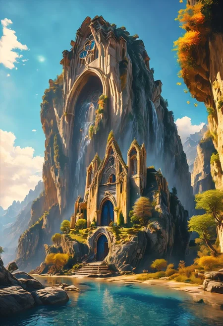 hyperdetailed,vibrant color,amazing quality, masterpiece, best quality, hyper detailed, ultra realistic lighting, UHD, high Dynamic, alluring, intricate details,OverallDetail,hyperkraximalism,epiCPhoto,The Lord of the Rings style,
a cathedral carved inside mountains, troglodyte building