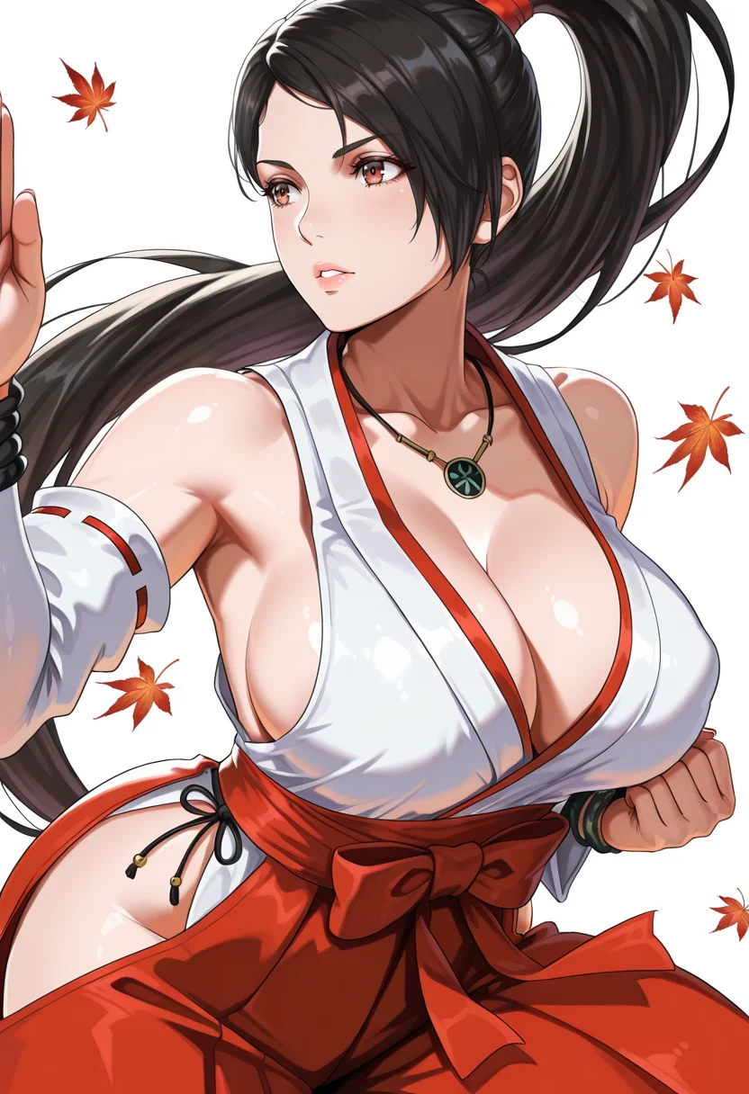 <lora:IL_Noguchia_Art_Style:1>, noguchia_style, momiji \(ninja gaiden\), 1girl, breasts, solo, official alternate costume, long hair, black hair, large breasts, cleavage, japanese clothes, ponytail, hip vent, white background, bare shoulders, high ponytail, detached sleeves, leaf, hakama, brown eyes, jewelry, parted lips, maple leaf, simple background, red hakama, autumn leaves, red eyes, falling leaves, miko, thighs, necklace, looking to the side, very long hair, sideboob, bracelet, rope, sleeveless, pants, collarbone, lips, fighting stance, ninja, hakama skirt,