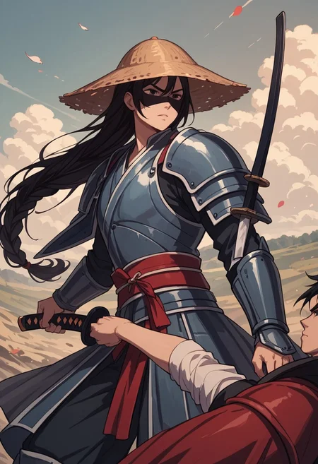score_9, score_8_up, score_7_up, strawhat, conical hat, 1boy, a heavily armored samurai with shoulder armor and a straw hat, holding a giant katana sword in both hands, ready to fight, asian, long hair, low braid, roninwarriors, samurai facemask, (monolid:1.3),