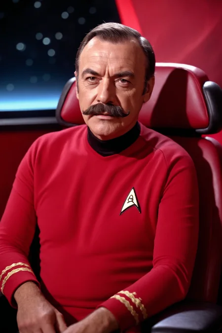 man with a big moustache in red startrektos,on a starship,in command chair,
masterpiece, best quality, soft light, bokeh, real shadow, cinematic, subsurface scuttering <lora:TOSXL-000040:0.8>