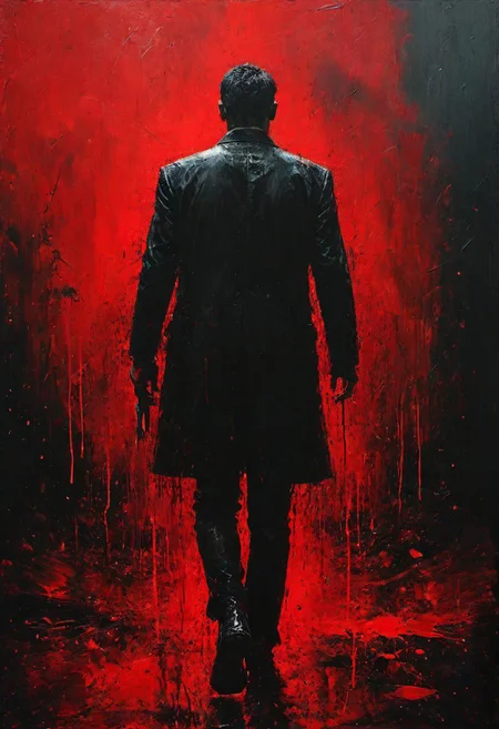 impactful paint of full body portrait of a man walks down a street full of blood,    highly detailed,   8k,   sharp,  professional, clear,   high contrast, high saturated, , vivid deep blacks, crystal clear