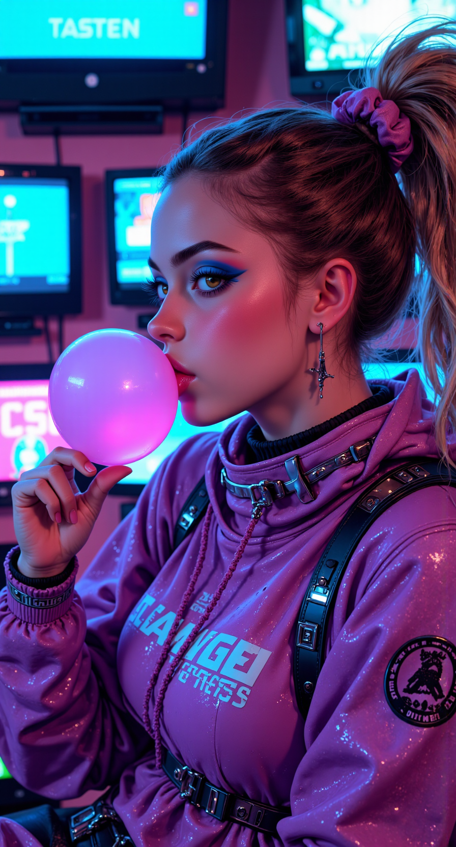 Close-up of a photorealistic woman blowing a bubblegum bubble in front of a wall of CRT TVs showing static and anime intros. She’s wearing translucent purple riot gear, scrunchie in her side ponytail, and her eye makeup is electric blue and green.

photorealistic, vaporwave vibe, bubblegum punk, neon CRT lighting, 90s TV overload, striking facial features, nostalgic overload










fmlas-mk.1, mythp0rt,