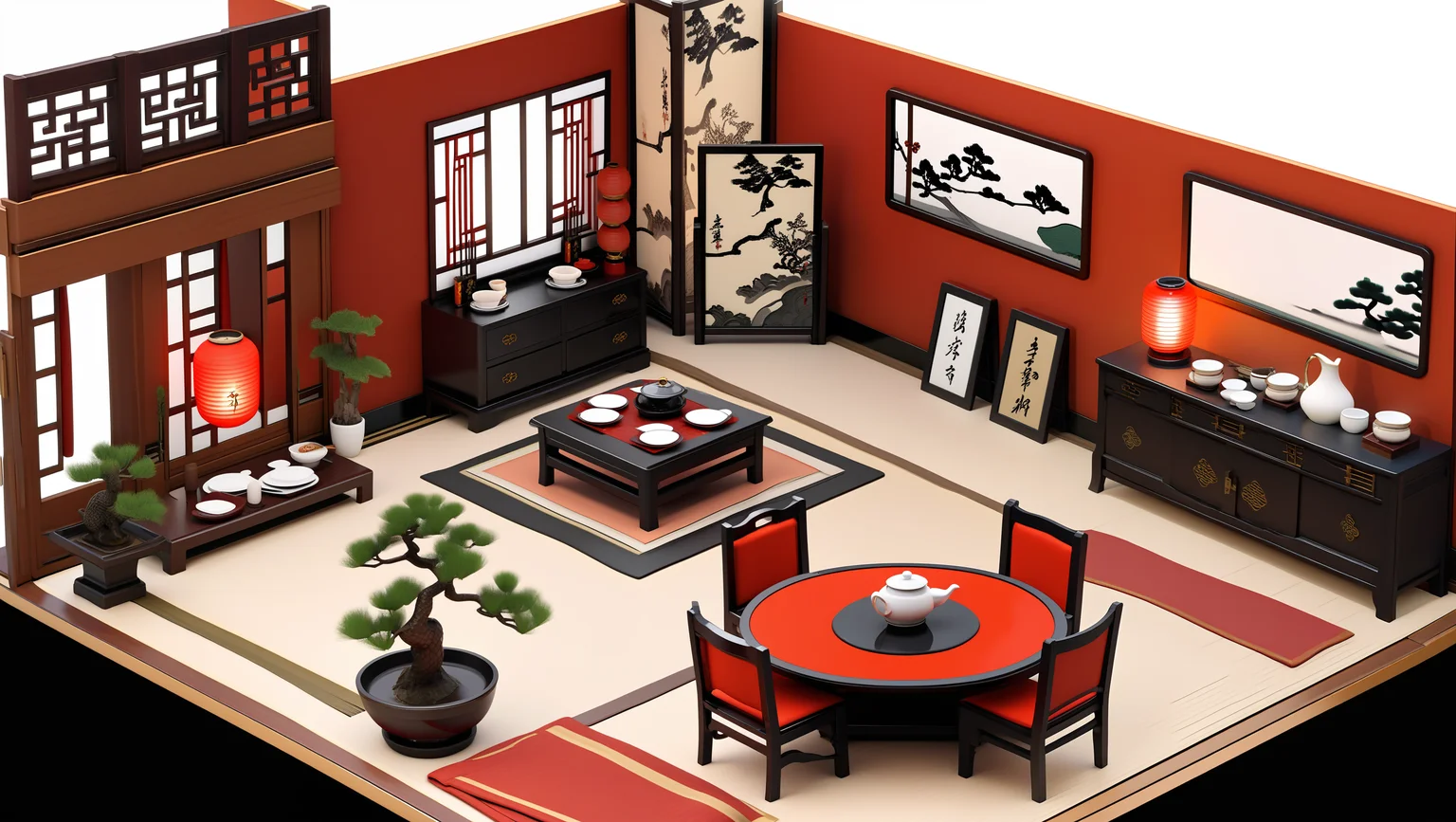 masterpiece, best quality, <lora:gamebg:0.5>,3d,white background,room-style,
wooden tables, wooden chairs, round dining tables, red lanterns, Chinese calligraphy scrolls, bamboo plants, porcelain vases, silk tablecloths, chopsticks, tea sets, traditional paintings, folding screens, jade decorations, hanging scrolls, dragon motifs, oriental rugs, carved wooden panels, incense burners, silk cushions, paper lanterns, lacquered furniture, bonsai trees, wall fans, decorative plates, wooden beams
