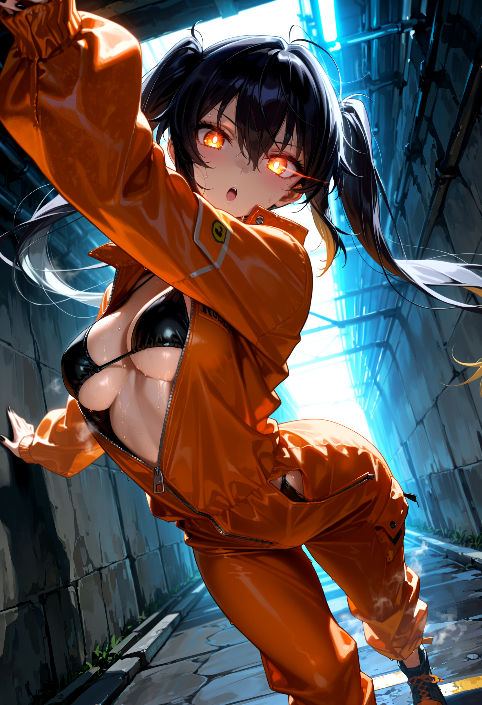 masterpiece, best quality, tamaki kotatsu, sassy, curvy figure, medium breasts, orange eyes, glowing eye, bright pupils, :o, black hair, black nails, long hair, twintails, orange jumpsuit, oversized jumpsuit, partially unzipped, side boob, underboob, black bikini, bikini under clothes, sweat, glistening skin, steaming body, looking at viewer, tunnel, close-up, detailed, detailed foreground, detailed clothing, detailed hair, detailed eyes, detailed skin, skin folds, volumetric lighting, dramatic lighting, perspective, dynamic pose, cinematic, dark, shadow, stylized, bloom, bokeh, photorealistic,