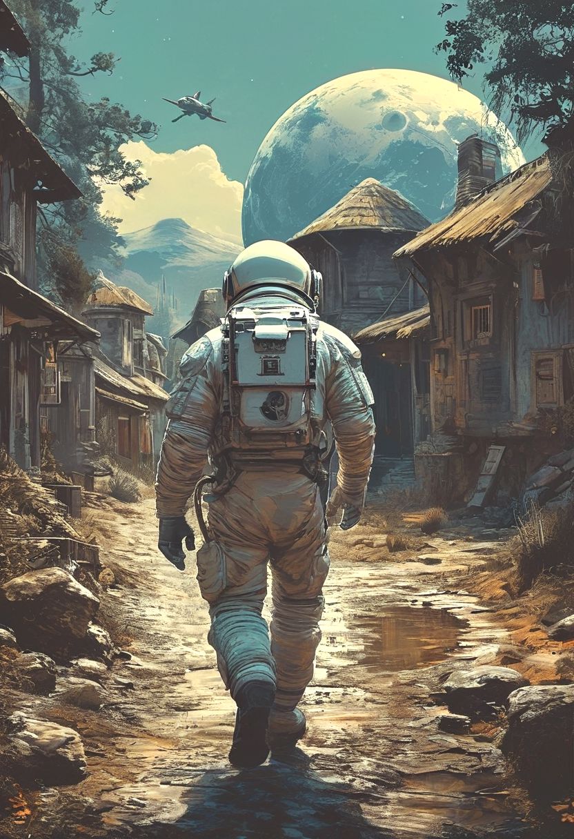 photo of astronaut walking in a old village in the background