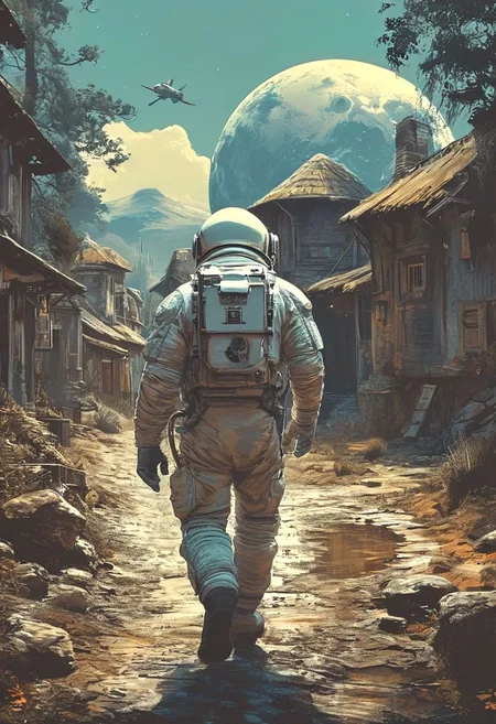 photo of astronaut walking in a old village in the background