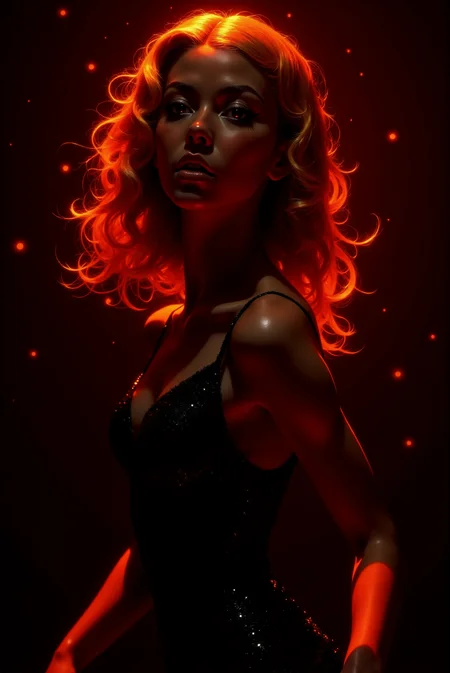<lora:DGLO_style_v.7:0.75> DGLO style.
A striking portrait of a woman bathed in the glow of fiery red light, her silhouette delicately outlined against a shadowy background. Her hair, styled in voluminous curls, gleams like molten gold streaked with vibrant ember hues, flowing as though alive with energy. Her intense amber eyes glow softly, radiating a captivating yet mysterious aura, while her lips are subtly parted, hinting at a story untold. Her elegant black dress features delicate lace details that shimmer faintly in the fiery glow, blending sensuality with sophistication. Tiny sparks and embers float in the air around her, adding an ethereal quality to the atmosphere, as though she embodies the essence of flame and passion, poised between elegance and raw power.