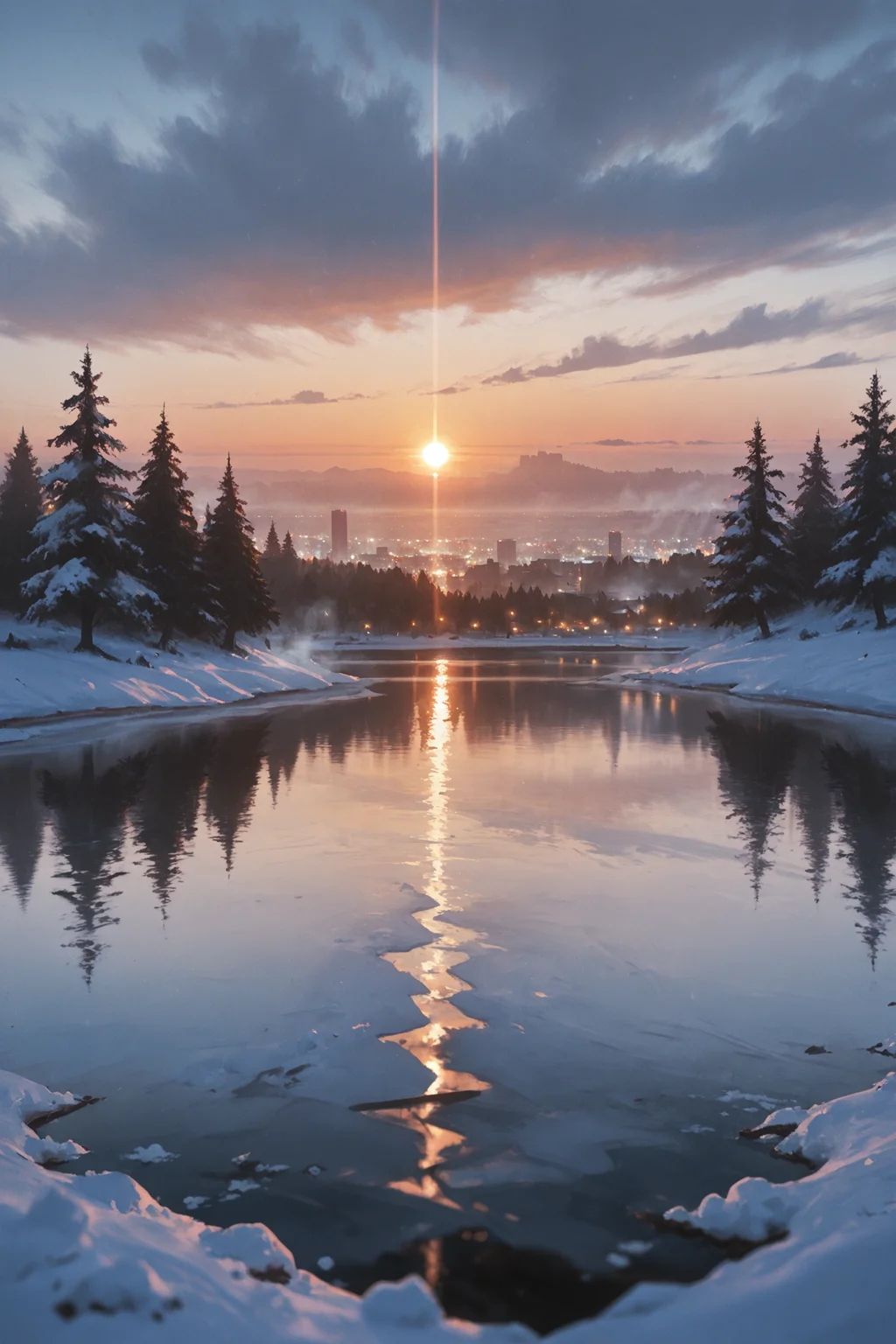 outdoors, lake,, water, , sunset, light ray, lens flare, reflection, scenery, no humans, horizon, city lights, , fog, trees, snow, winter, masterwork, masterpiece, best quality,  detailed, depth of field, , high detail, best quality, very aesthetic, 8k, dynamic pose, depth of field, dynamic angle, adult,  aged up