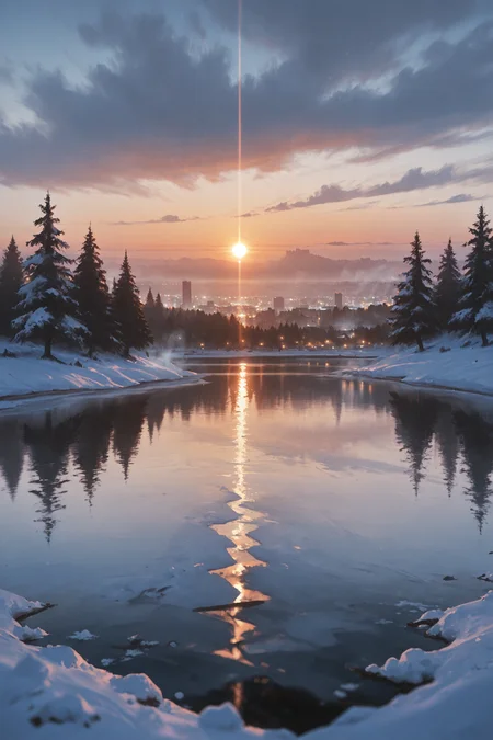 outdoors, lake,, water, , sunset, light ray, lens flare, reflection, scenery, no humans, horizon, city lights, , fog, trees, snow, winter, masterwork, masterpiece, best quality, detailed, depth of field, , high detail, best quality, very aesthetic, 8k, dynamic pose, depth of field, dynamic angle, adult, aged up