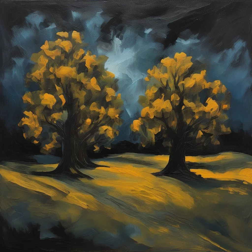 a happy trees and oaks in a black night sky in the style of expressive rustic oil painting, focus on the object, <lora:sdxl_lightning_8step_lora.safetensors:1.0>, <lora:add detail xl.safetensors:1.5>