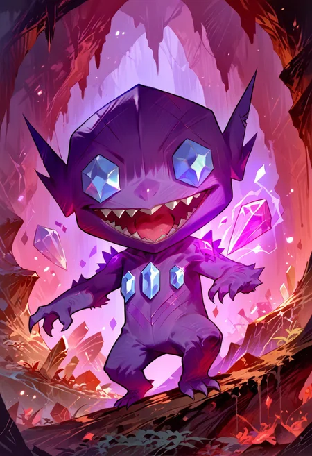 score_9, score_8_up, score_7_up, (source_anime, rating_safe), solo,  (slimes_sableye, chibi body), ( wide smile, open mouth), (cave, glowing rocks, crystals), (detailed image, high resolution, 5k resolution:1.0), (chibi art style:1.1)