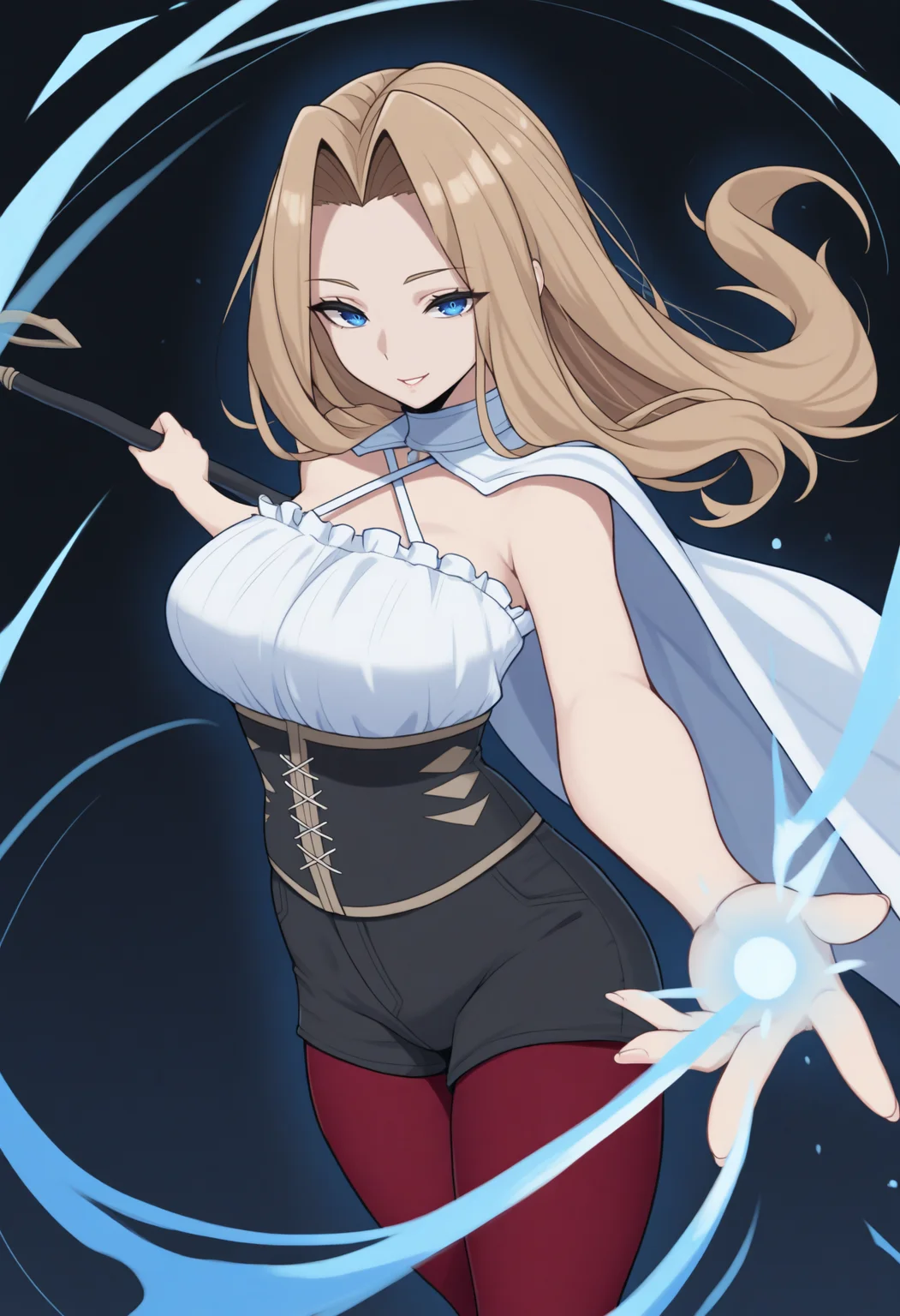 masterpiece, best quality, 1girl, solo, Meth0de, light brown hair, blue eyes, long hair, hair intakes, parted bangs, criss-cross halter, white shirt, sleeveless, corset, black shorts, red pantyhose, white cape, staff, holding staff, casting spell, magic, aura, abstract background, foreshortening, smile, looking at viewer, <lora:ChamMethodeNoob:1>