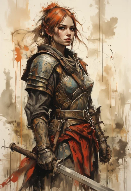 A dinkfsn style ink wash painting, OBxiaoxiang, Inkplash art on rice paper, sepia, henna , Silhouette Art, magnificent, inksplash poster art, warrior woman in bronze age Greek armour, dynamic image, abstract battlefield background