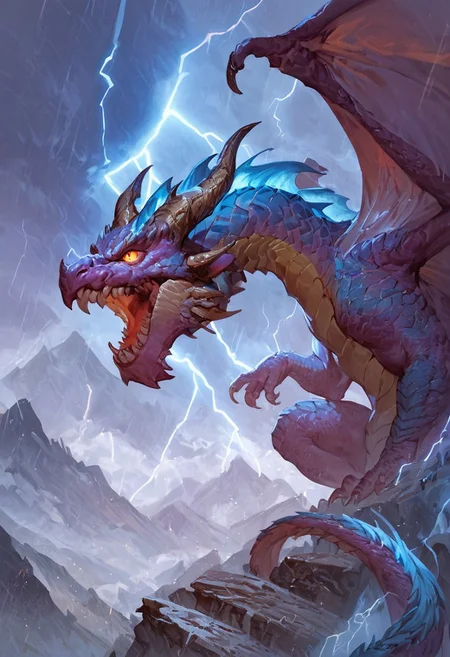 score_9, score_8_up, score_7_up, score_6_up, score_5_up, score_4_up, dragon, storm dragon, teeth, horns, long tail, wings, mountains, lightning aura, fantasy, solo focus, epic,