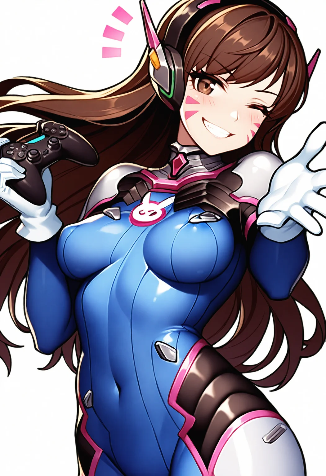 masterpiece, best quality, absurdres, 1girl, solo, d.va \(overwatch\), white background, brown hair, brown eyes, long hair, eyelashes, headphones, facial mark, turning head, blue bodysuit, ribbed bodysuit, hips, covered navel, white gloves, (arched back:0.7),profile, (looking at viewer:1.1), smirk, teeth, one eye closed, (hand up:1.3), (holding controller, game controller:1.1), [small breasts|medium breasts], breasts apart, (pointing at viewer:0.8), (reaching toward viewer, beckoning, come hither:1.1), cowboy shot, blush, perky breasts, notice lines, standing, <lora:kingsstyle-illu-beta2-25:1>