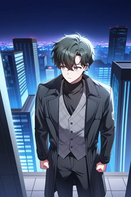 masterpiece, best quality, amazing quality, very aesthetic, high resolution, ultra-detailed, absurdres, newest, scenery, volumetric lighting, depth of field,anime screencap, , , 1boy, solo, male focus, <lora:kim_hajin:0.89>,kim hajin, black hair,grey eyes,short hair,side-swept bangs,black shirt, long sleeves,closed mouth, standing, open clothes, pants, vest,coat, looking to the side, plaid, black pants, turtleneck, black coat, clenched hands, open coat,grey vest,outdoor,night, city,from above