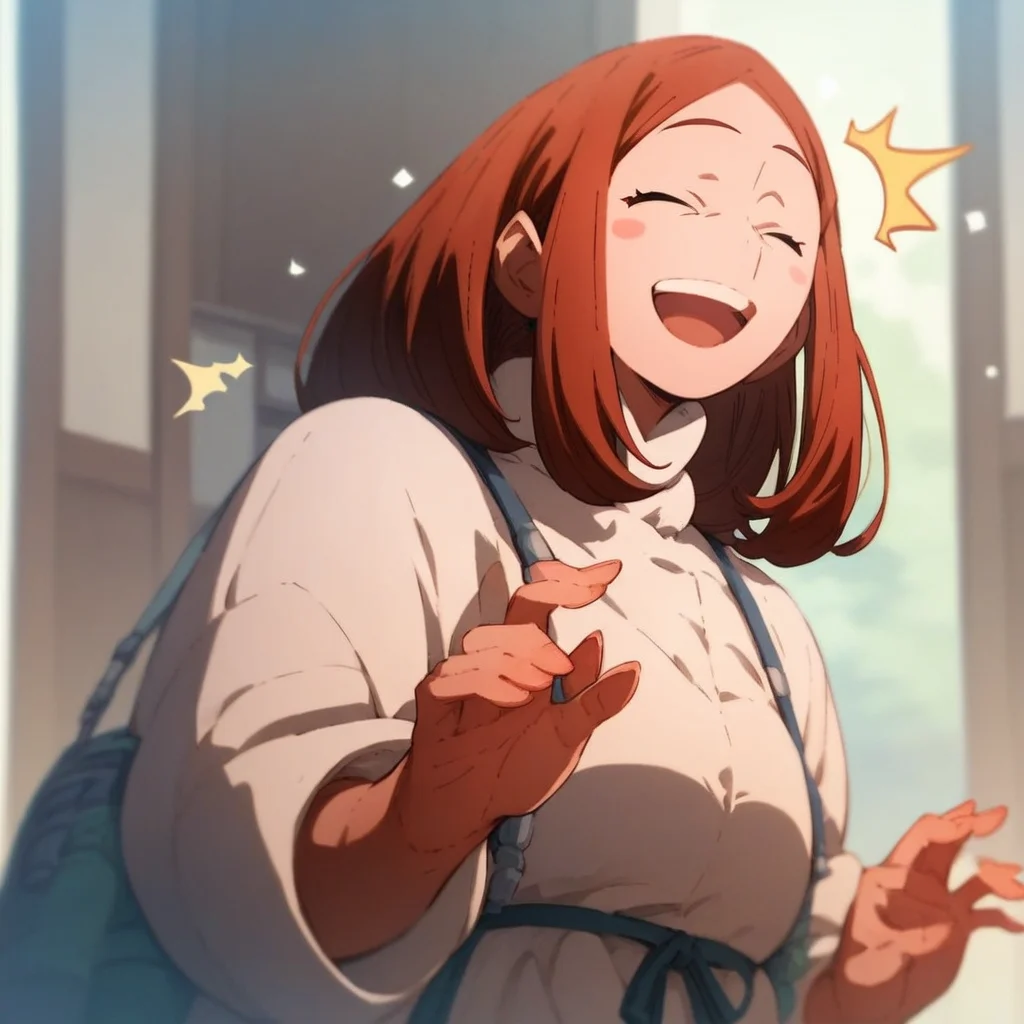 score_9, score_8_up, score_7_up, urarakasmom, woman, solo, smiling, surprised, eyes closed