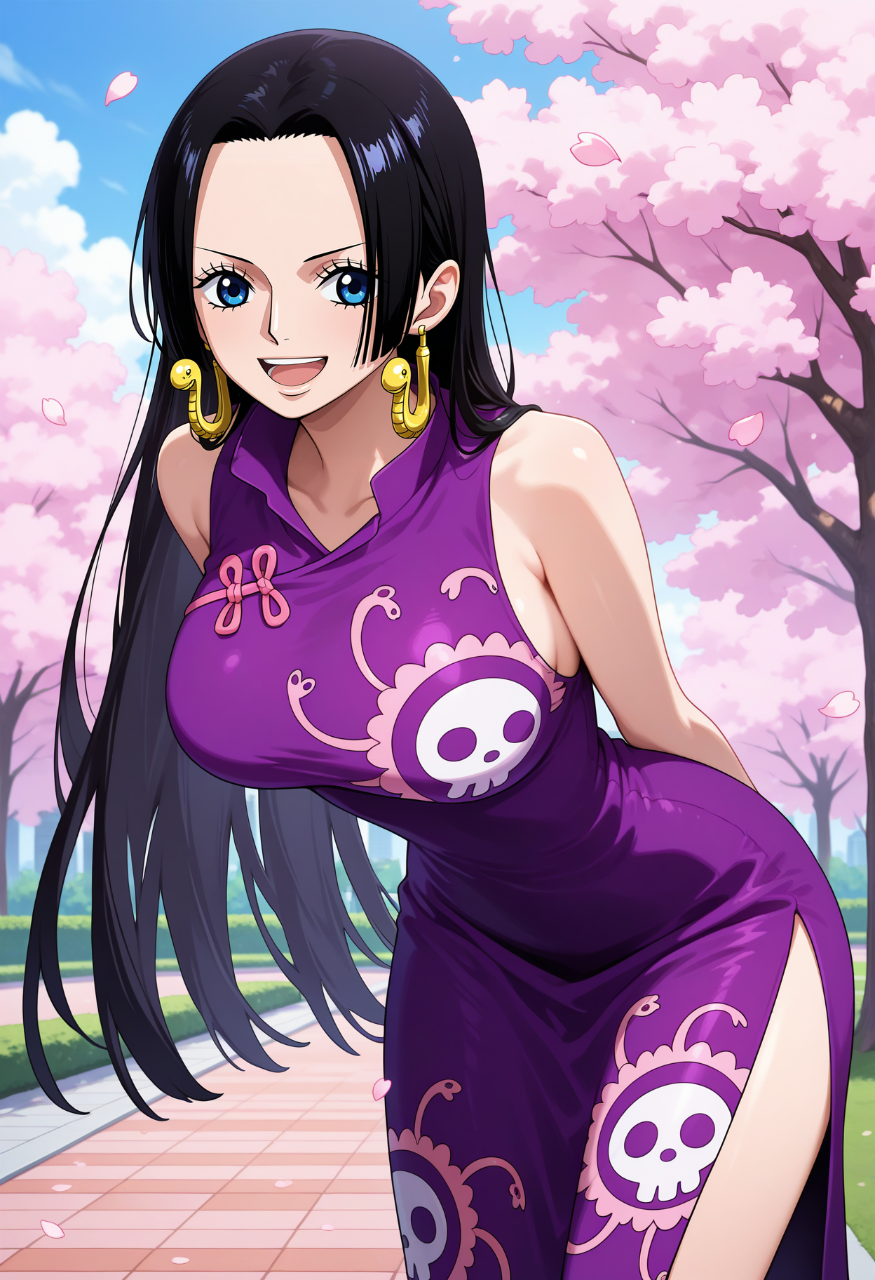 best quality, masterpiece, 1girl, aahancock, long hair, black hair, earrings, blue eyes, large breasts, purple dress, sleeveless, side slit, <lora:boa_hancock_ilxl_v1:0.9>, arms behind back, leaning forward, standing, outdoors, open mouth, cherry blossoms, smile, park,