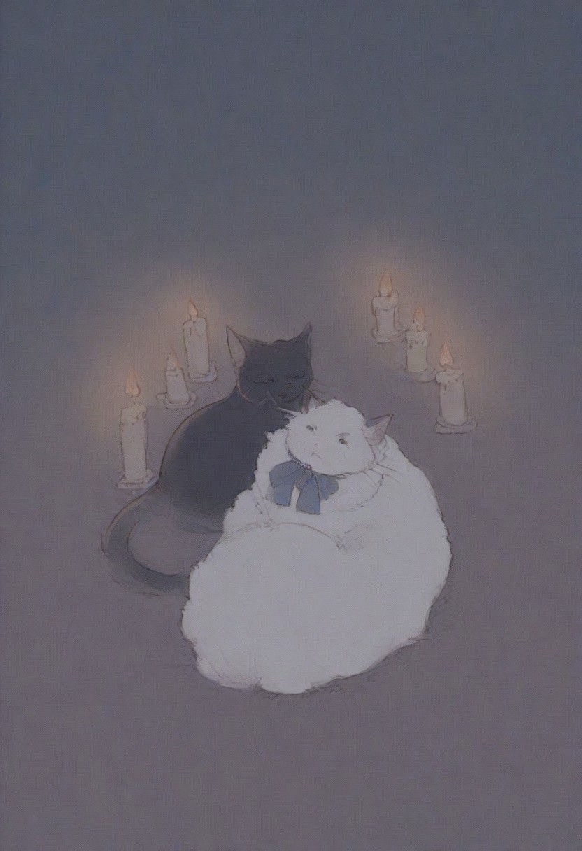 thermal, bright colors, cats, Black cat, white fluffy cat, beautiful background, night, candles, hearts, looking at each other, bow on the neck, easynegative