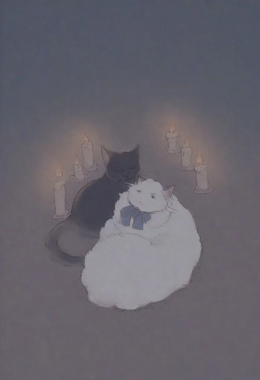 thermal, bright colors, cats, Black cat, white fluffy cat, beautiful background, night, candles, hearts, looking at each other, bow on the neck, easynegative