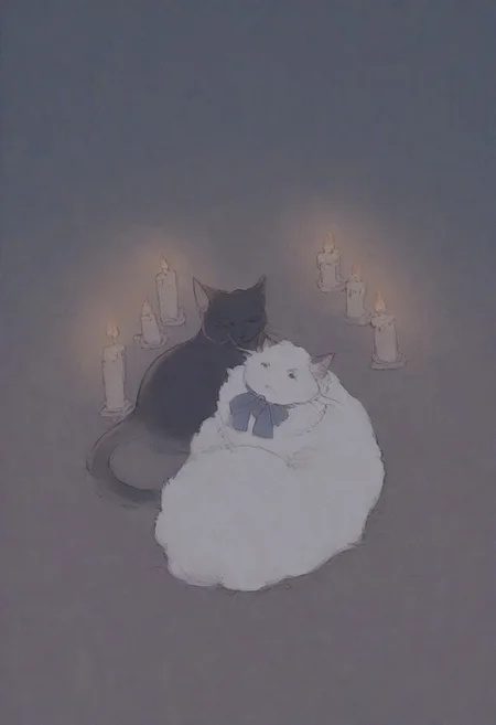 thermal, bright colors, cats, Black cat, white fluffy cat, beautiful background, night, candles, hearts, looking at each other, bow on the neck, easynegative