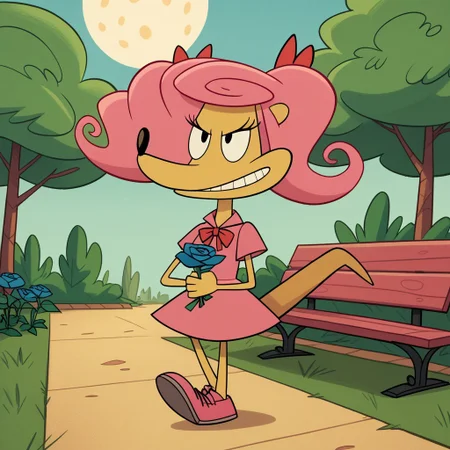 score_9, score_8_up, score_7_up, score_6_up, score_5_up,
best quality, masterpiece, thinking, smirks, Full Body, Romantic, Small Body, Furry, looking_pleasured, 1girl, solo, furry, Patsy_CL, tail, black eyes, bright pink hair, pink dress, red bow, blue rose, park, outside, full moon, walking, benches, street