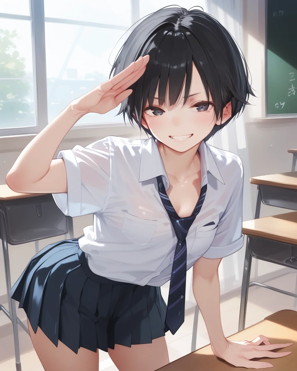 score_9, score_8_up, score_7_up, score_6_up, score_5_up, score_4_up, source_anime, screenshots, <lora:Difference_BodyShadowForEbaraPony:0.7> <lora:amamitsuki_pony:0.8:start=10>amamitsuki, 1girl, black hair,short hair,tomboy, small breasts, white shirt, pleated skirt, collared shirt, school uniform, necktie,
classroom, leaning forward, 
smile, salute,