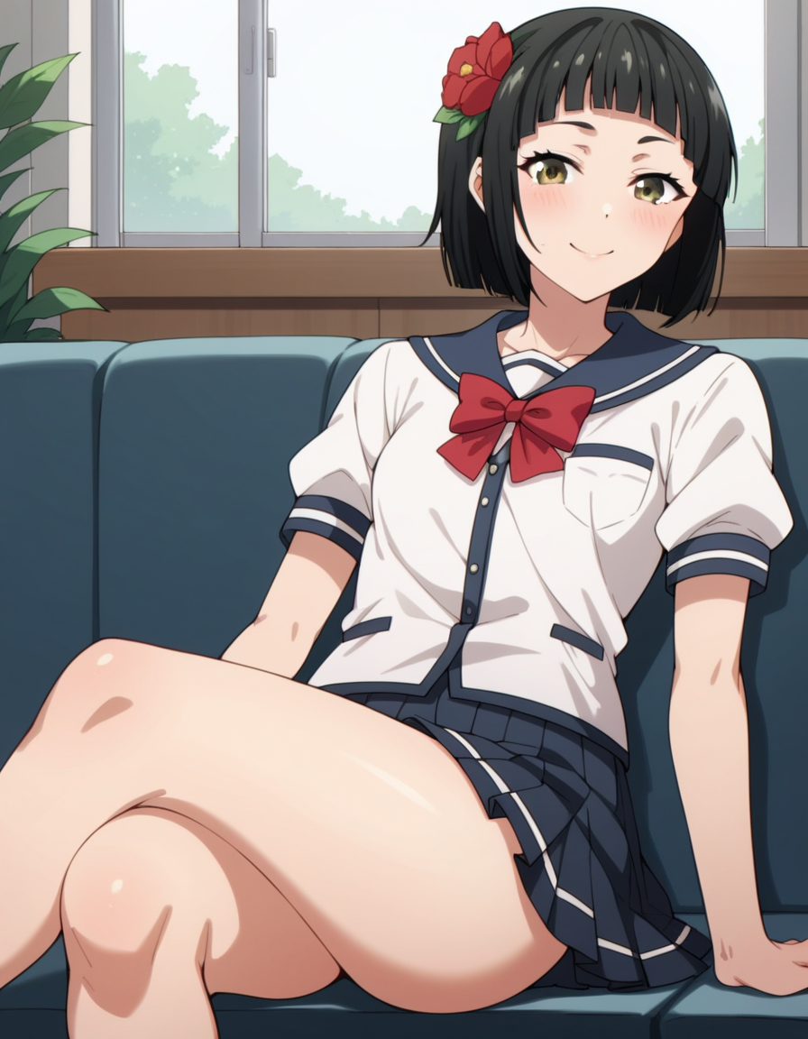 score_9, score_8_up, score_7_up, source_anime, uncensored, <lora:StS_detail_slider_v1:3>, zPDXLxxx, <lora:Chiharu_Youki_PONYXL_VexVexX:1>, ChiharuYouki, 1girl, (brown eyes:1.2), green eyes, black hair, short hair, blunt bangs, hair ornament, hair flower, small breasts, school uniform, serafuku, pleated skirt, red bow, cowboy shot, indoors, from back, Sit comfortably on a chair or a couch, legs crossed or stretched out, leaning back with a relaxed posture, thighs, looking at view, smile,