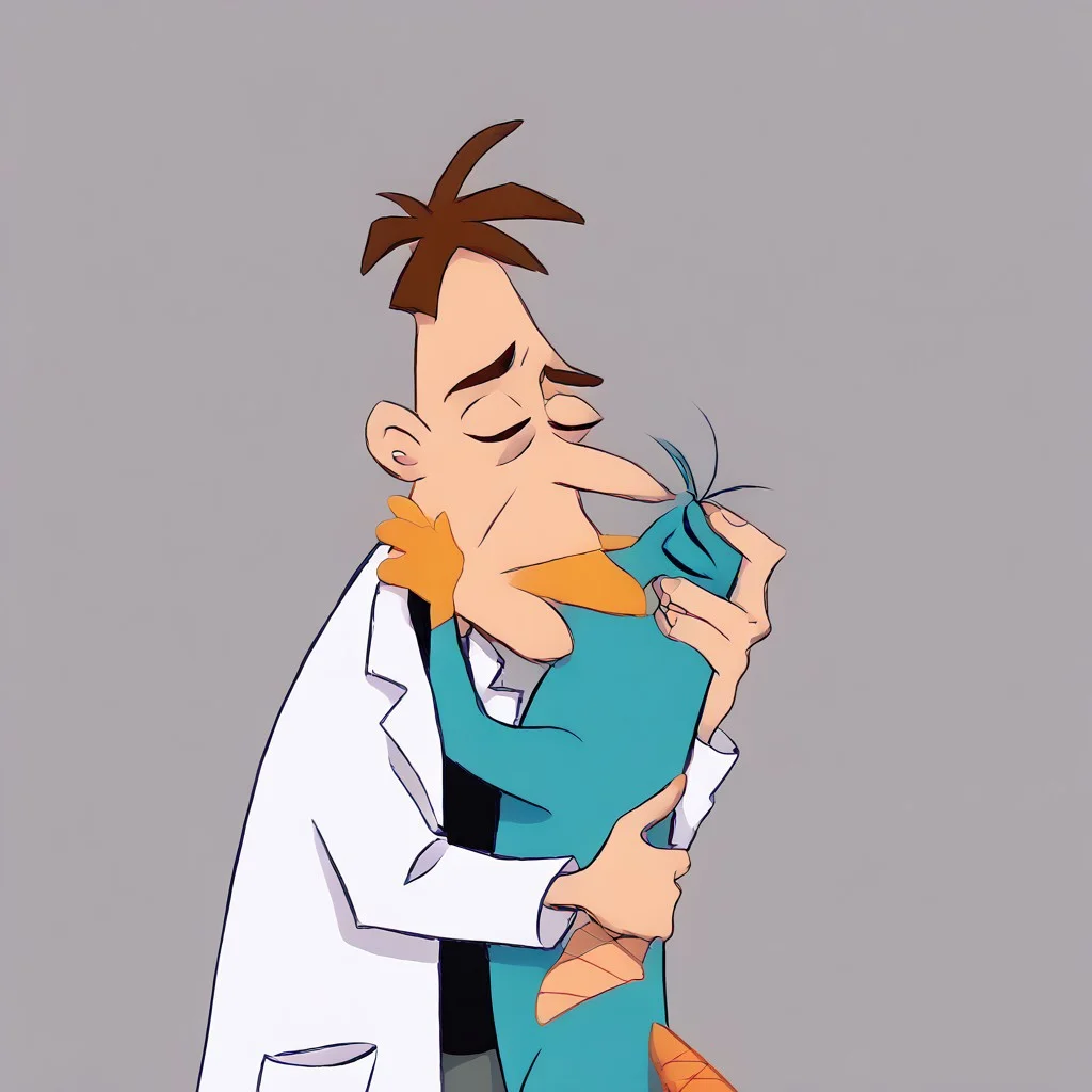 safe_pos, score_9, score_8_up, score_7_up, score_6_up, score_5_up, score_4_up, hi res, source_cartoon, doofenshmirtz, 2boys, duo, male focus, sfw, bust shot, half body.
Character A: big nose, blue eyes, human, lab coat, gray pants, brown hair, calm expression, black shirt, open shirt, bare belly, looking down, standing, multiple boys, interspecies, heinz doofenshmirtz,
Character B: perry_the_platypus, perry, teal fur, male furry, fur, duck feet, orange feet, webbed feet, duck bill, orange beak, beaver tail, orange tail, brown eyes, feral, biped, muscular
indoors, simple background, duo, meme, SUBPP, male/male, mikus-concept, hugging pose, kiss, closed eyes, duo, 2people, holding each other