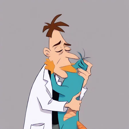 safe_pos, score_9, score_8_up, score_7_up, score_6_up, score_5_up, score_4_up, hi res, source_cartoon, doofenshmirtz, 2boys, duo, male focus, sfw, bust shot, half body.
Character A: big nose, blue eyes, human, lab coat, gray pants, brown hair, calm expression, black shirt, open shirt, bare belly, looking down, standing, multiple boys, interspecies, heinz doofenshmirtz,
Character B: perry_the_platypus, perry, teal fur, male furry, fur, duck feet, orange feet, webbed feet, duck bill, orange beak, beaver tail, orange tail, brown eyes, feral, biped, muscular
indoors, simple background, duo, meme, SUBPP, male/male, mikus-concept, hugging pose, kiss, closed eyes, duo, 2people, holding each other