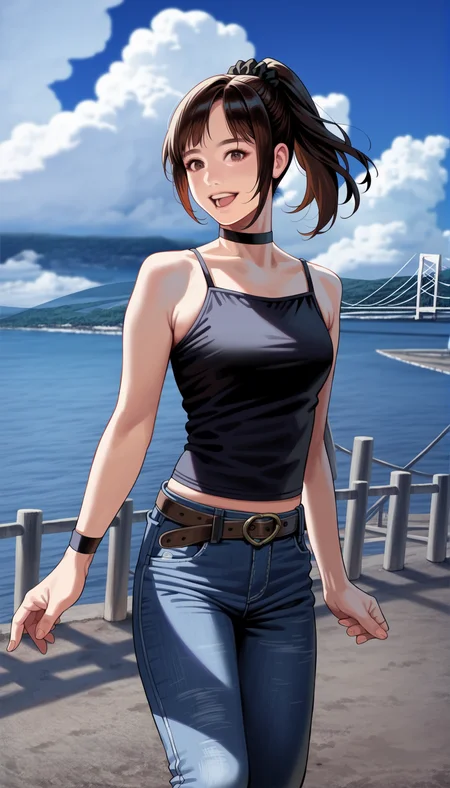 score_9,score_8_up,score_7_up,
highly detailed,highres,photorealism,realistic,
<lora:miiyamotohikari:0.9>,miiyamotohikari,
1girl,solo,black hair,bangs,ponytail,black scrunchie,brown eyes,looking at viewer,open smile,black camisole,jeans,brown belt,choker,black wristband,standing,cowboy shot,
blurry background,outdoors,sky,ocean,cloud,sea fence,bridge in the background,distant mountains,soft clouds drifting,summer,