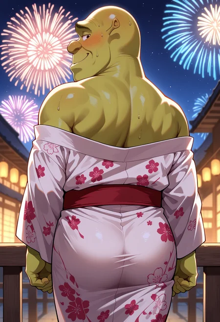 masterpiece, best quality, newest, absurdres, highres, masterpiece, best quality, 1boy, shrek, bald, green skin, <lora:Shrek_illusXL_Incrs_v1:1>, looking back, from behind, off-shoulder kimono, smirk, blush, bare shoulders, rimlight, night, japanese clothes, fireworks, depth of field, sweat, arms at sides