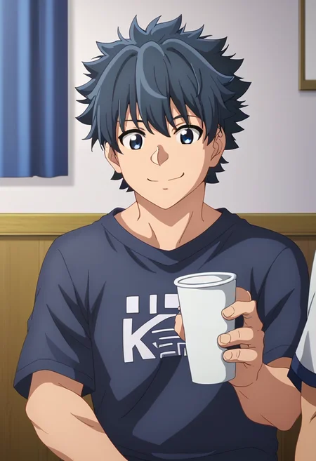 score_9, <lora:Rakuro_Hizutome:1> rakuro hizutome, 1boy, anime coloring, bangs, black hair, black shirt, closed mouth, fujimaru ritsuka (male), indoors, male focus, rakuro hizutome, shirt, sitting, smile, t-shirt, upper body, white shirt
