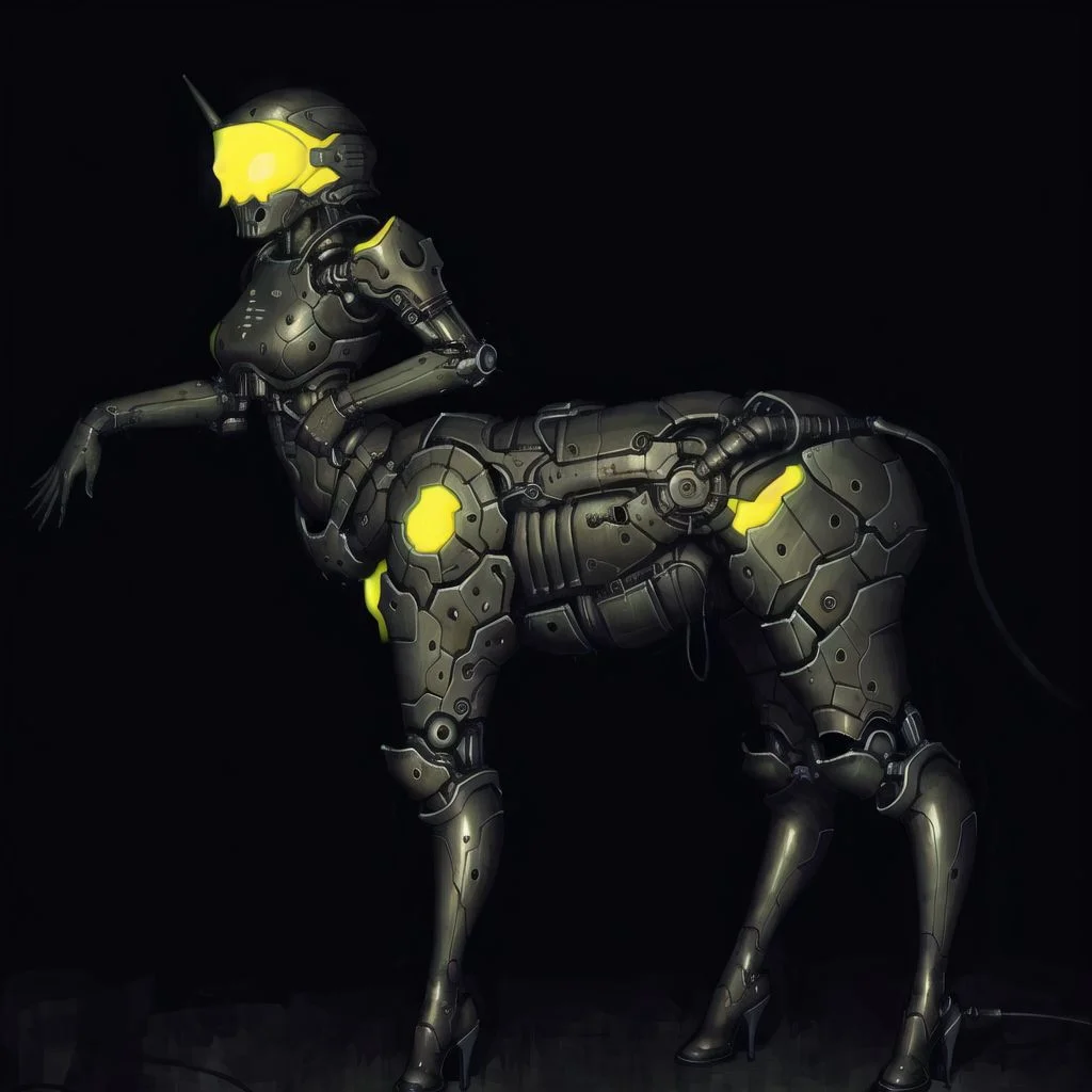 <lora:arielp:1.0>,
(arielpstyle:1.0), dark, horror, creepy, creepy-looking, painting, lovecraftian, grease, painting \(medium\), brush stroke,
<lora:centaur_centaur-1--centaur-2_centaur-3--retro_ham_avas_jun_rifl--08-02:1.0>, (centaur, taur, centauroid:1.0), full body, masterpiece, best quality, 1girl , ,cyberpunk,thigh boots , glowing machine