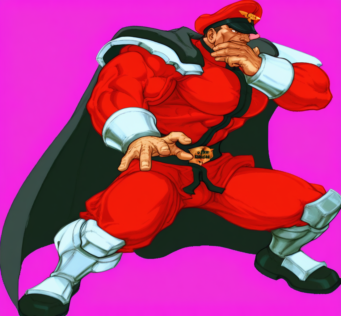 Street Fighter, color correction, lighting, high quality, high definition, male focus, muscular, military, full body, muscular male, (M.Bison:1.1), <lora:M_Bison_Street_Fighter:1>, M Bison, hat, muscle pectorals, large pectorals, big biceps, <lora:AKinuNishimura_Style:1>, NishimuraXL, white background,