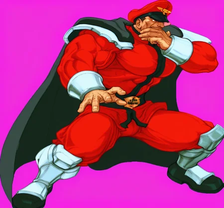 Street Fighter, color correction, lighting, high quality, high definition, male focus, muscular, military, full body, muscular male, (M.Bison:1.1), <lora:M_Bison_Street_Fighter:1>, M Bison, hat, muscle pectorals, large pectorals, big biceps, <lora:AKinuNishimura_Style:1>, NishimuraXL, white background,