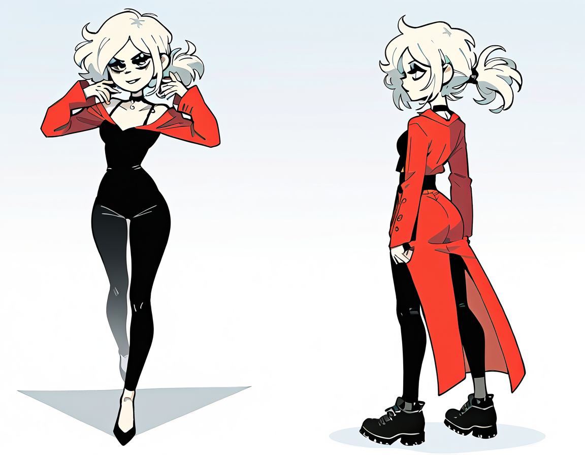 (score_9,score_8_up,score_7_up:1), 1girl, full body,   close angle, natural lighting, lip bitingly horny, (goth, (black lipstick, black mascara, black eyeshadow)), (flat tummy, close shoulders), white hair, hightail hairstyle, choker, eyeshadow)), (albino rough skin), Huge ass, narrow waist, (balancing), junk floating iceberg, (red tailcoat, black fancy clothes, leggings), <lora:The_Coffin_of_Andy_and_Leyley_Game_Artstyle_PonyXL:1>