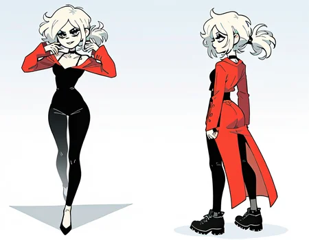 (score_9,score_8_up,score_7_up:1), 1girl, full body,   close angle, natural lighting, lip bitingly horny, (goth, (black lipstick, black mascara, black eyeshadow)), (flat tummy, close shoulders), white hair, hightail hairstyle, choker, eyeshadow)), (albino rough skin), Huge ass, narrow waist, (balancing), junk floating iceberg, (red tailcoat, black fancy clothes, leggings), <lora:The_Coffin_of_Andy_and_Leyley_Game_Artstyle_PonyXL:1>