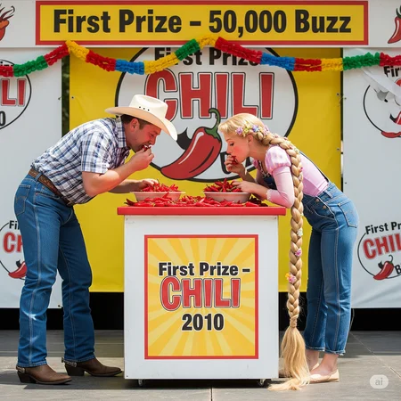  A vibrant photo of a chili-eating contest in Austin, Texas, set in 2010. On an outdoor stage decorated with chili-themed graphics and streamers, two contestants compete intensely. On the left sits a burly 40-year-old man in full Texan attire—cowboy hat, plaid shirt, jeans, and boots—tearing up as he stuffs fiery red chilies into his mouth. Next to him is Rapunzel, portrayed as a young woman with impossibly long golden hair braided and coiled neatly around her shoulders and waist. She wears denim overalls over a white blouse and leans forward, confidently eating chilies from a bowl, her cheeks flushed but composed. Behind them, a bold, retro-style banner reads “First Prize – 50,000 Buzz.” The scene is sunlit, bustling with energy, capturing the excitement and heat of the moment with photo-realistic lighting and rich detail.