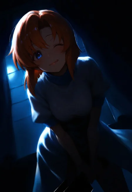 1girl, solo, ryuuguu rena, lips, looking at viewer, blush, wink, smile, (;q:0.8), holding weapon, nata \(tool\) hashitsuki nata, leaning forward, cowboy shot, from below,dutch angle, backlighting, dark, night, moonlight, indoors, curtains, window, masterpiece, best quality, very aesthetic, 