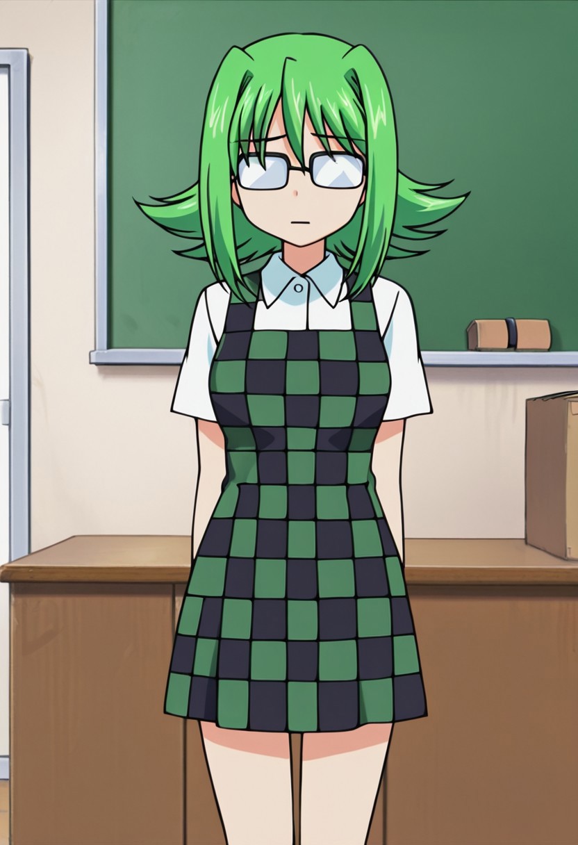 Teacher, opaque glasses, checkered dress