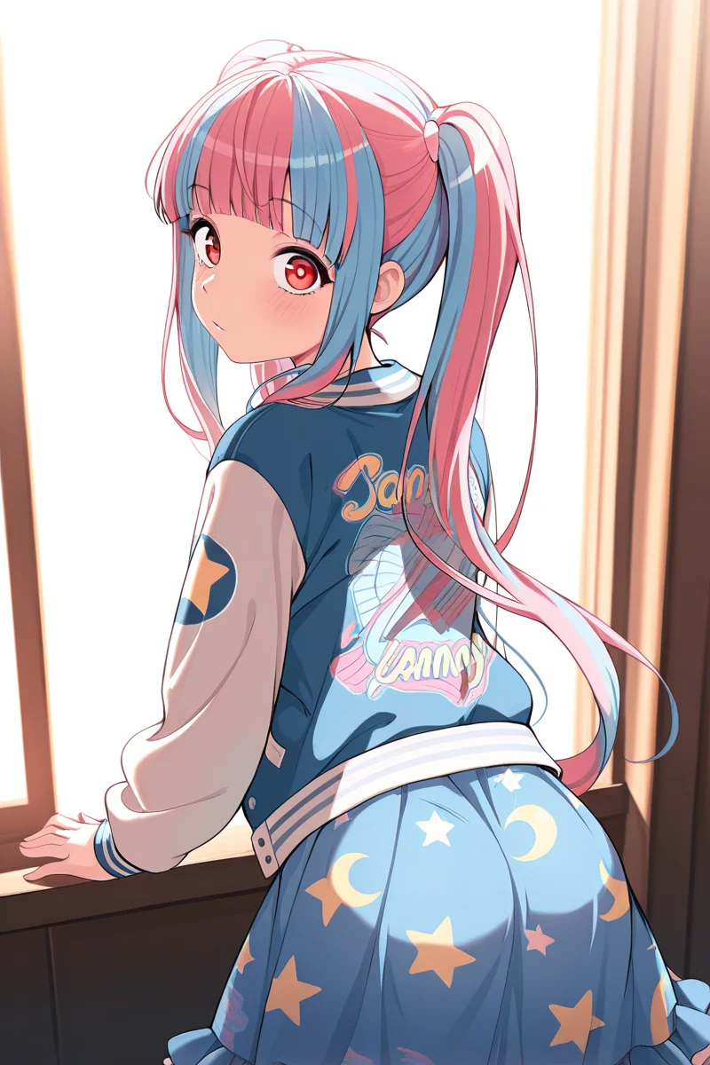 masterpiece, best quality, amazing quality,
<lora:PAREO_IL:1> pareo, 1girl, solo, skirt, long hair, multicolored hair, pink hair, star print, blue hair, bangs, red eyes, long sleeves, looking at viewer, blue skirt, jacket, print skirt, letterman jacket, looking back, casual