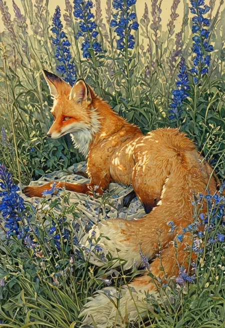 (highly detailed, ArsMJStyle, Colored pencil hyperdetailed realism) A sleek, golden-furred fox rests delicately among a bed of blooming wildflowers, its slender body partially curled with its nose nestled against its flank. The fox’s coat glows with shades of ochre, cinnamon, and soft cream, each hair meticulously rendered to capture the subtle shifts in texture and tone. Its ears are perked, and its amber eyes, half-closed in tranquil observation, reflect glints of sunlight filtered through the foliage above.
The fox is surrounded by a vibrant mix of flowers: tall stems of cornflower blue delphiniums, clusters of warm marigold, and soft lilac asters, each petal and leaf defined with exquisite precision. The grass beneath is speckled with dew and soft shadow, painted in varying hues of emerald and sage. Rays of golden light stream through the canopy, casting intricate patterns across the fox's back and the flowerbed, infusing the scene with a warm, ethereal glow. The composition radiates a sense of quiet alertness, where stillness and life are captured in perfect harmony.