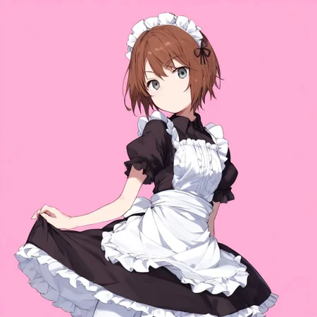 anime coloring, score_9, score_8_up, score_7_up, score_6_up, kinuhata saiai, toaru, 1girl, solo, maid, brown hair, apron, maid headdress, short hair, maid apron, gray eyes, pantyhose, looking at viewer, pink background, frills, dress, white pantyhose, short sleeves