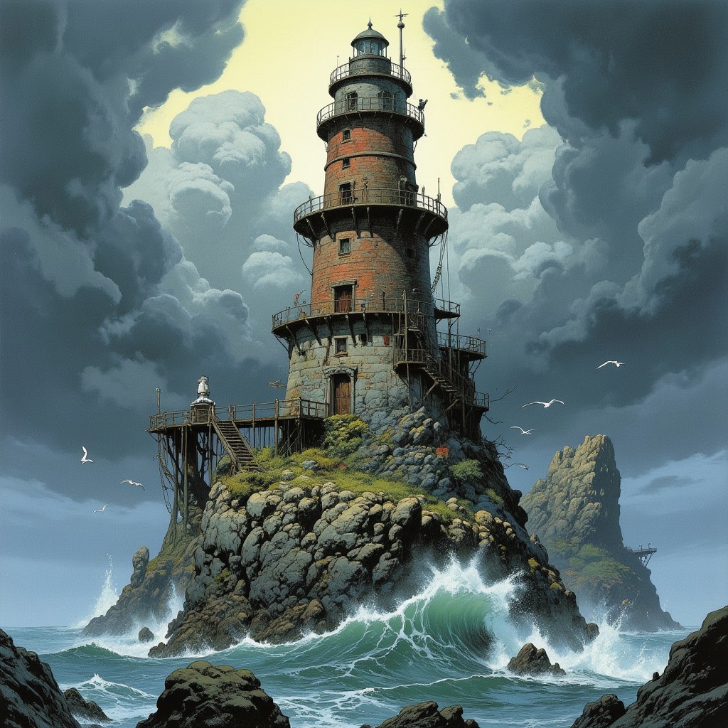 Comic book style 8k high quality digital painting , masterpiece, very detailed, ultra realistic, (best quality) very detailed epic masterpiece, a multi-tiered lighthouse built on a rugged, rocky island. The lighthouse is made of bricks and weathered stone, with multiple levels and a tall cylindrical tower topped by a small, dark lantern room. The structure is surrounded by a network of walkways and platforms, some of which extend out over the turbulent sea. A metal bridge connect the rock to the main land. The sky above is stormy, filled with thick, gray clouds that create a moody atmosphere. The ocean waves crash against the rocks and the lighthouse, with white foam and spray visible. Several seagulls are scattered throughout the scene. The overall composition creates a sense of solitude and stillness., big waves, dramatic dark sky, action, scary, best quality, epic scene,  Dungeons and dragons atmosphere, heroic fantasy, fna_style, Comic book style